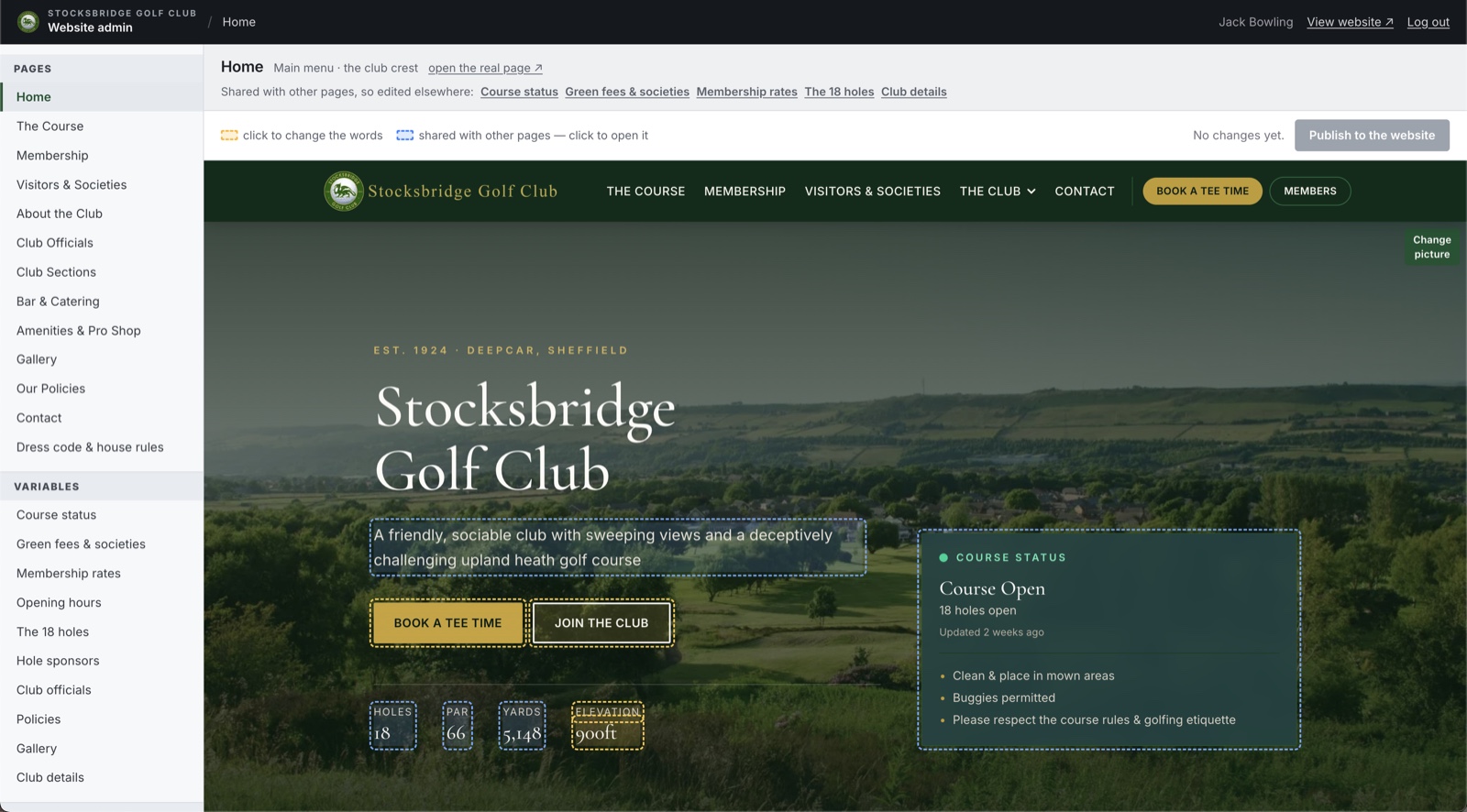 The club's admin system, showing the live homepage with editable text highlighted