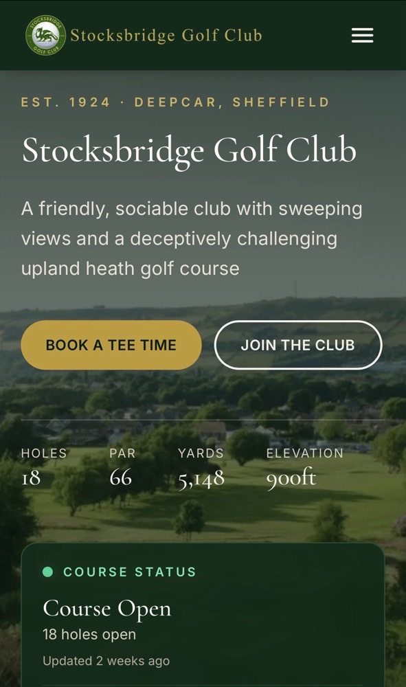 The new Stocksbridge homepage on a phone, showing the course status and a tee time button